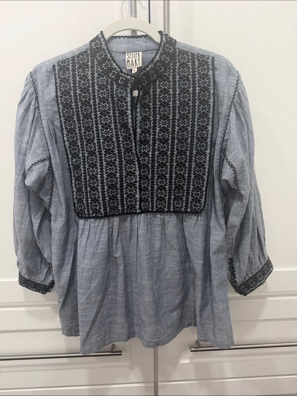 Sister Mary Blue Embroidered Peasant Blouse
